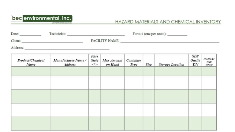 Spreadsheet for Hazardous Materials and Chemical Inventory