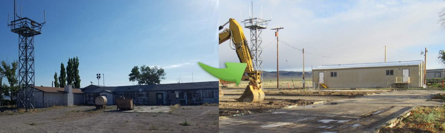 Before and after example of a brownfields property with a dilapidated building that was torn down and replaced with an updated building on an airport lot.