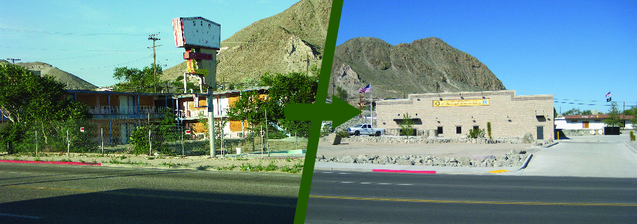 Before and after comparison showing an old motel, fenced off, boarded up, and dilapidated on the left, and the new Nye County Emergency Services and Volunteer Fire Department building