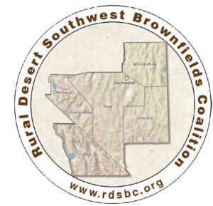 Rural Desert Southwest Brownfields Coalition logo that includes all members on a map: Nye, White Pine, Lincoln, Esmeralda, Mineral, and Inyo counties, and the Duckwater Reservation