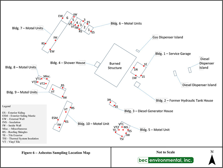 An example of a BEC Asbestos Sampling Location Map in several damaged and intact buildings.