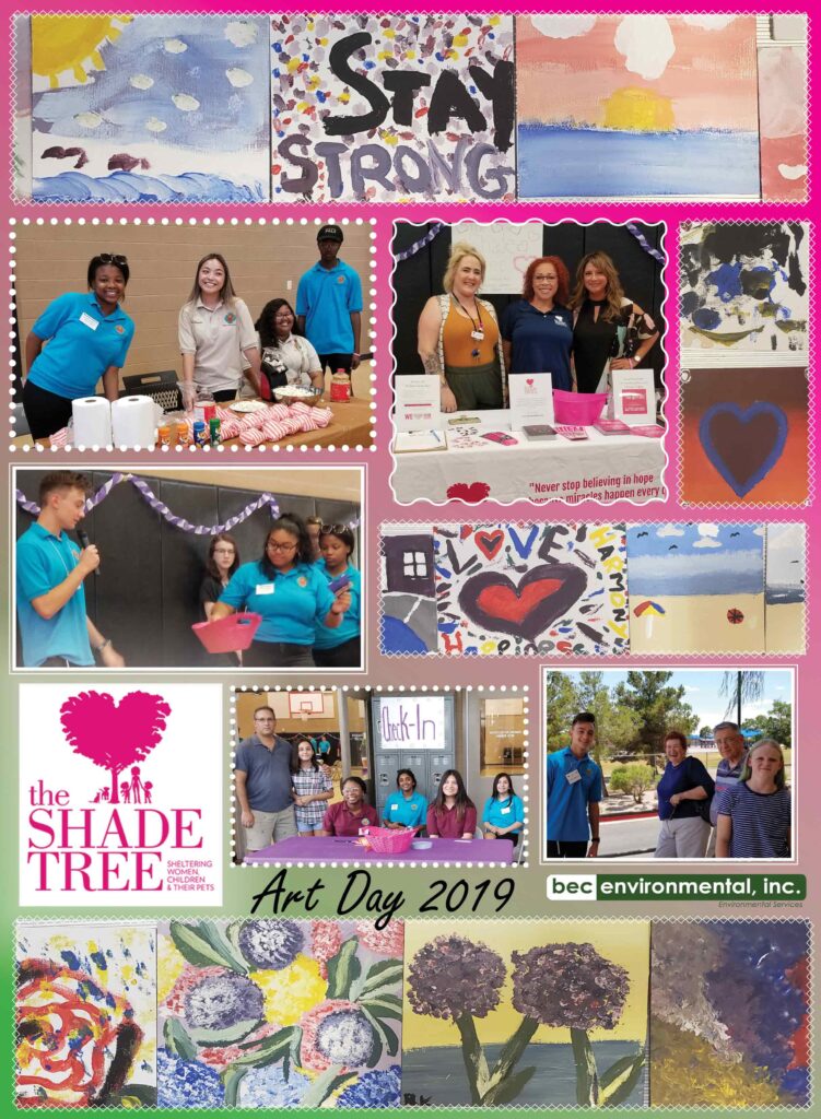 A collage of paintings done by volunteers and photos of smiling volunteers during the Art Day 2019 event at the Shade Tree Shelter for Women, Children, and Their Pets