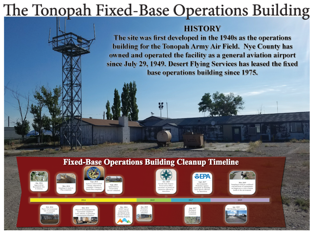 A photo of the old FBO Building in Tonopah along with a brief history of the steps needed to move forward with the brownfields project