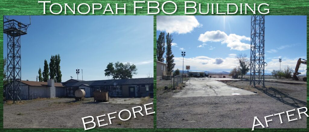 Before and after example of a brownfields property with a dilapidated building that was torn down and replaced with an updated building on an airport lot.
