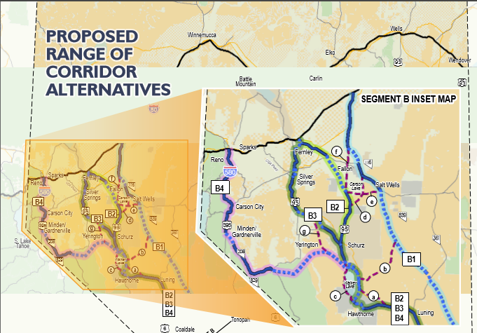 A map of the proposed range of I-11 corridor alternatives