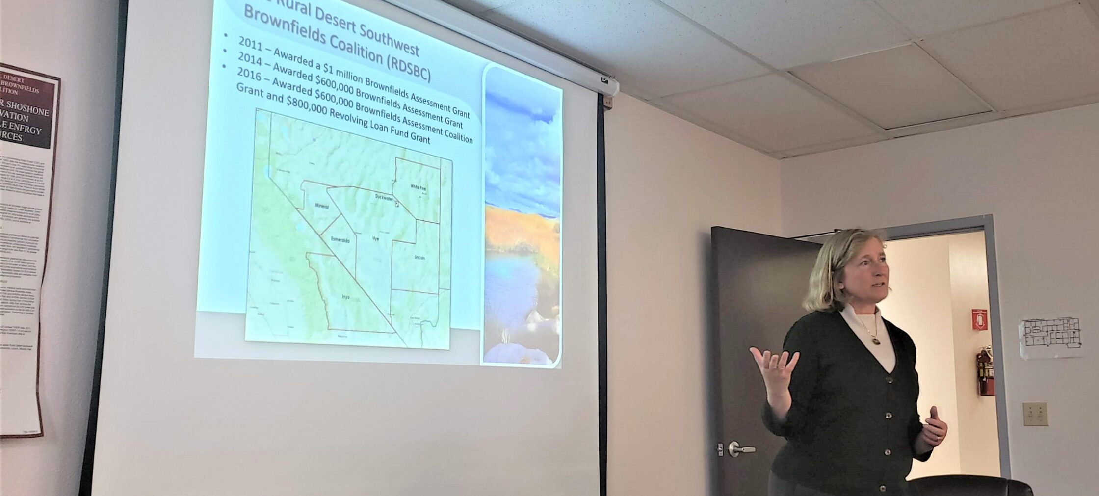 Eileen Christensen, BEC prinicipal, speaks about the Rural Desert Southwest Brownfields Coalition at a tribal meeting in Duckwater Nevada
